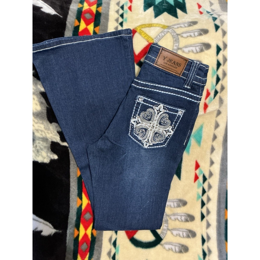 Y Jeans Los Angeles Size 1/2 Bling Embroidery Blue Denim White Stitch Bootcut